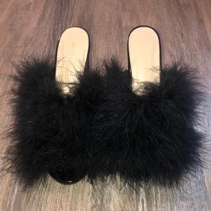 Black Fuzzy Heeled Mules